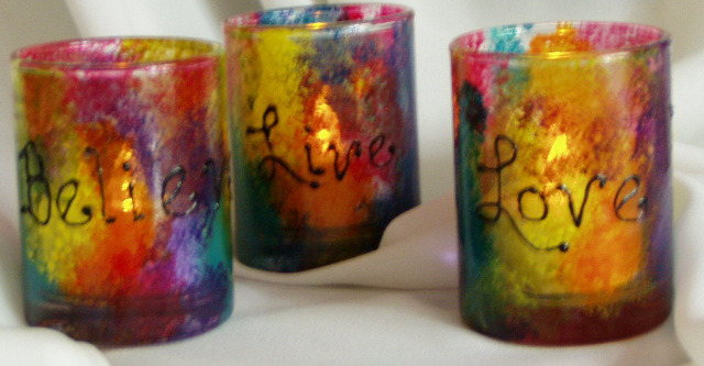 Tie-Dyed votive holders- Believe- Live- Love- Set of 3